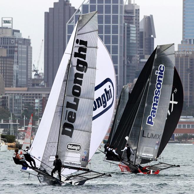 De'Longhi and Panasonic Lumix battle to find wind on the first spinnaker run out of Rose Bay – 18ft Skiffs Spring Championship ©  Frank Quealey / Australian 18 Footers League